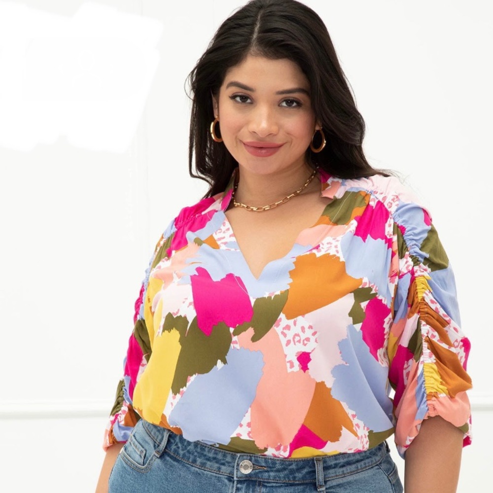 Eloquii Elements Abstract Multicolor Ruched Sleeve Blouse Size 18
